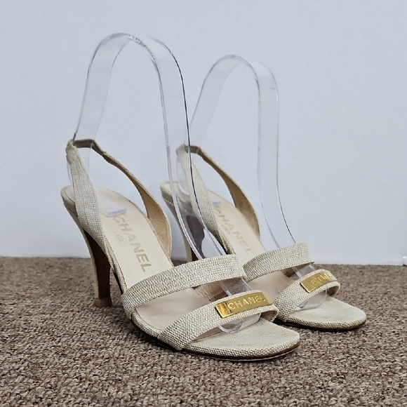 CHANEL Shoes - Chanel Beige Fabric Slingback Heels Gold Tone Metal Plate Sz 36 Womens